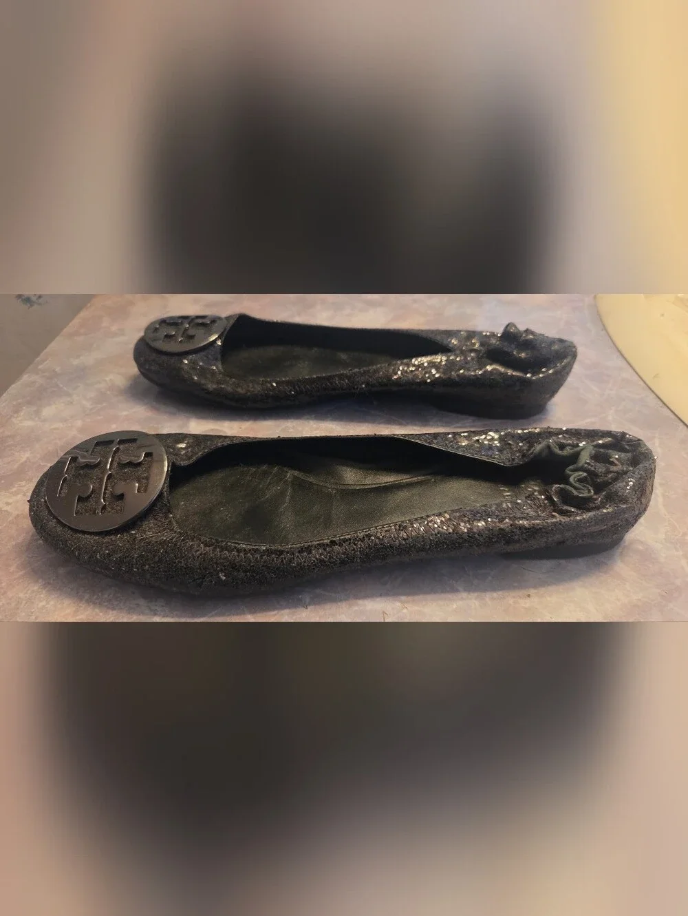 Tory Burch Black Glitter Logo Ballet Flat